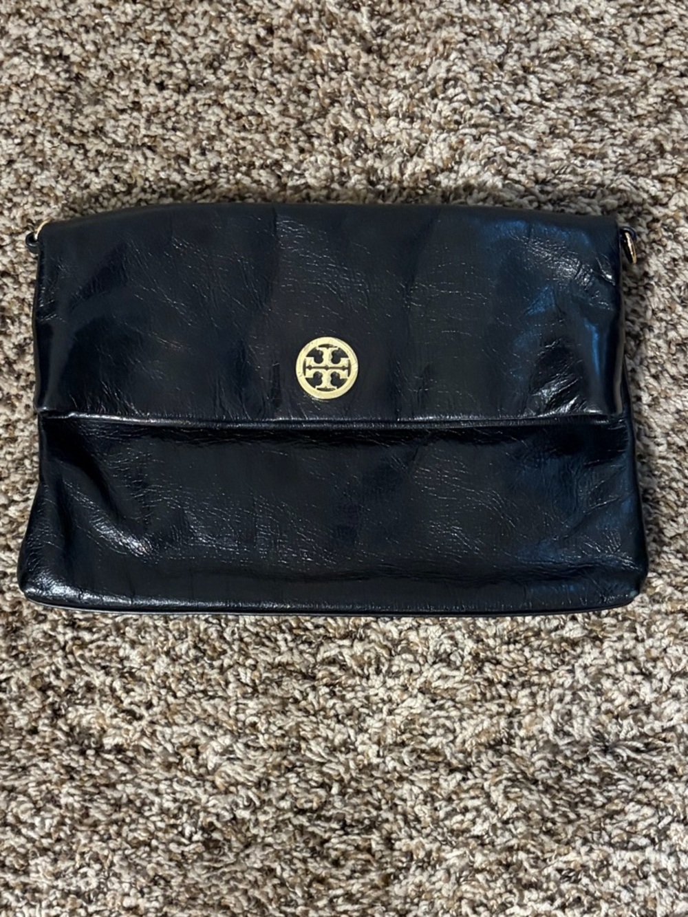 Tory Burch Black Leather Fold-Over Clutch with Gold Emblem